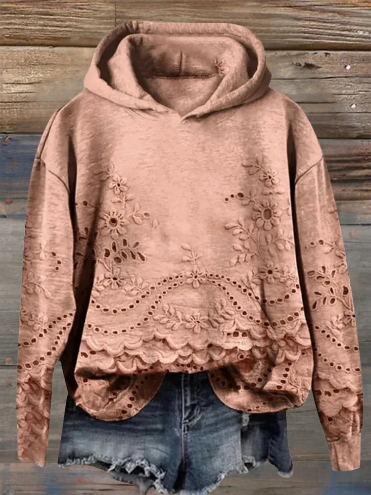 Women's floral embroidered eyelet hoodie with scalloped hem and long sleeves – Orange