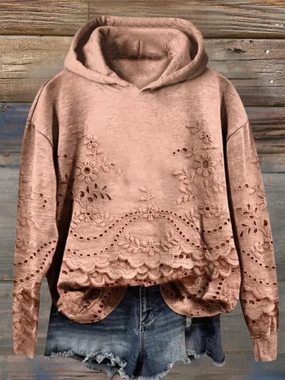 Women's floral embroidered eyelet hoodie with scalloped hem and long sleeves – Orange