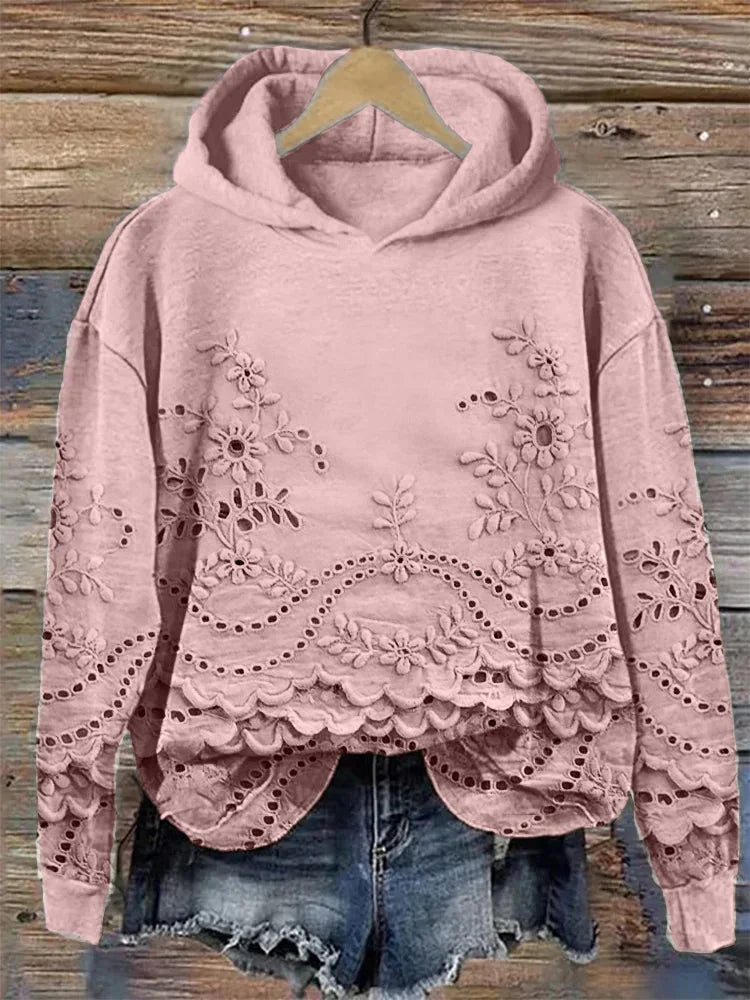 Women's floral embroidered eyelet hoodie with scalloped hem and long sleeves – Pink