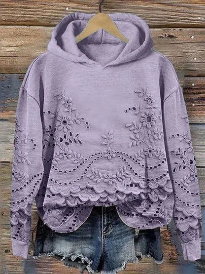 Women's floral embroidered eyelet hoodie with scalloped hem and long sleeves – Purple