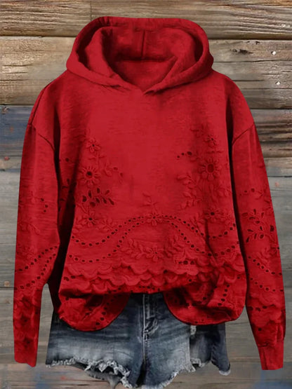 Women's floral embroidered eyelet hoodie with scalloped hem and long sleeves – Red