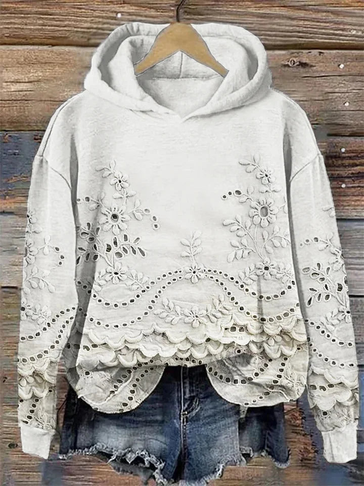 Women's floral embroidered eyelet hoodie with scalloped hem and long sleeves – White