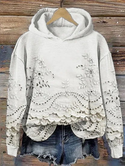 Women's floral embroidered eyelet hoodie with scalloped hem and long sleeves – White