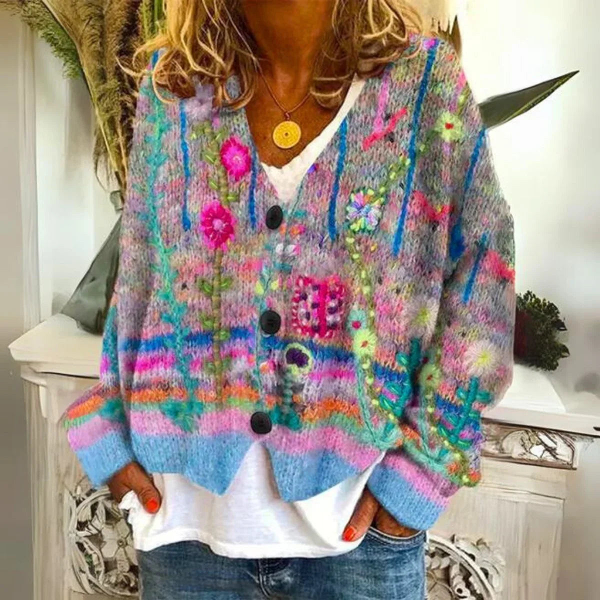 Women's floral embroidered button-front knit sweater cardigan – Blue