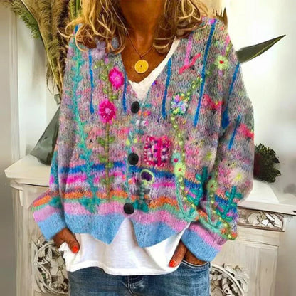 Women's floral embroidered button-front knit sweater cardigan – Blue