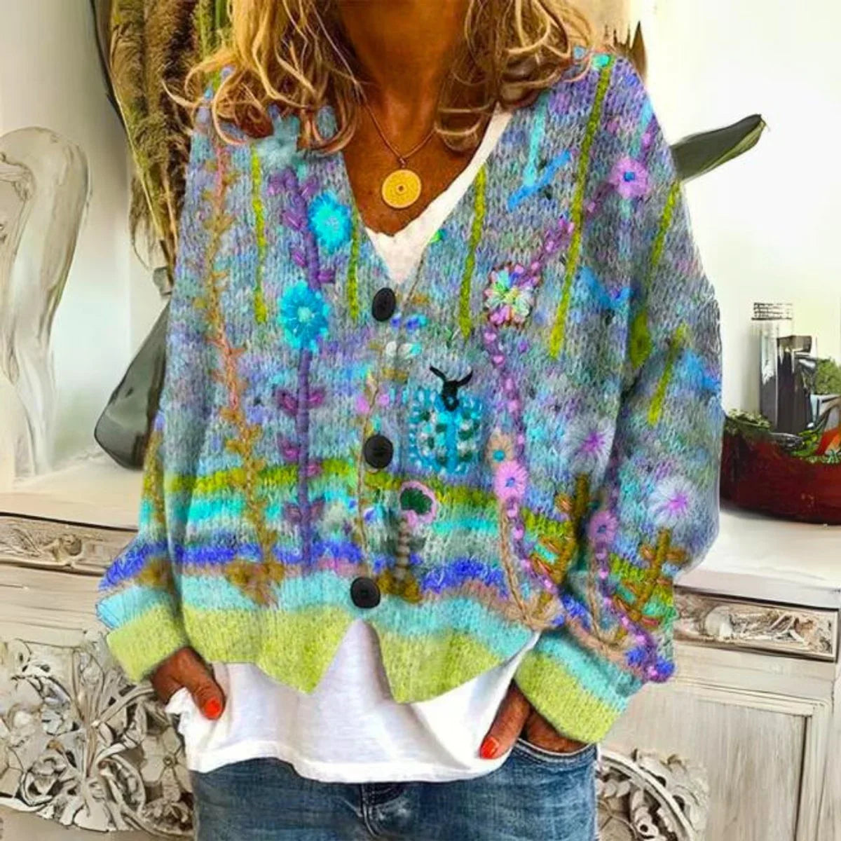 Women's floral embroidered button-front knit sweater cardigan – Green