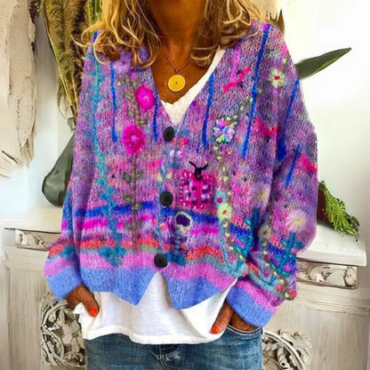 Women's floral embroidered button-front knit sweater cardigan – Purple