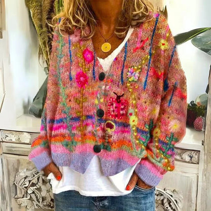Women's floral embroidered button-front knit sweater cardigan – Red