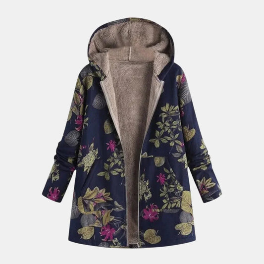 Women's floral hooded sherpa-lined full-zip coat with side pockets – Dark Blue