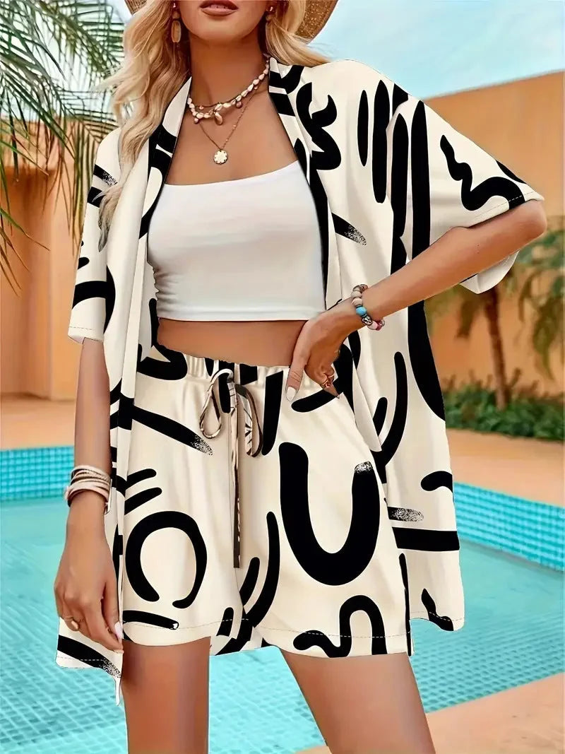 Women's floral kimono cardigan sweater with 3/4 sleeve and shorts – Cream