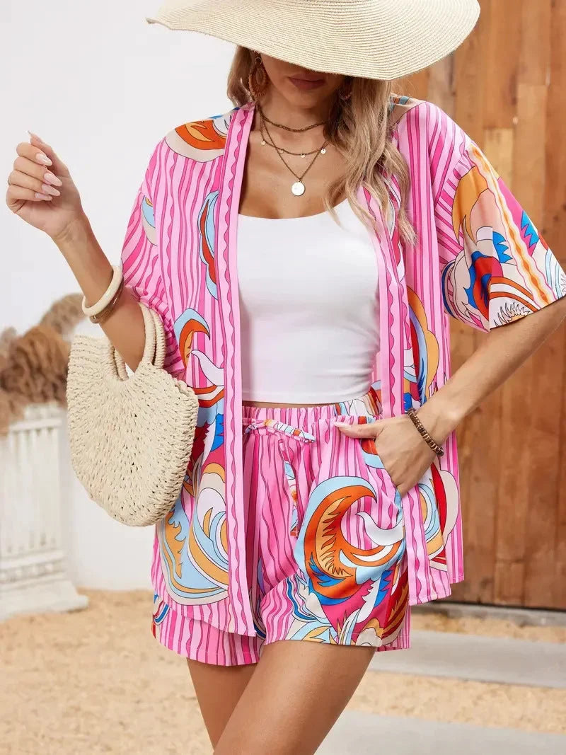 Women's floral kimono cardigan sweater with 3/4 sleeve and shorts – Light Pink