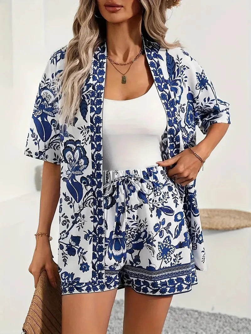 Women's floral kimono cardigan sweater with 3/4 sleeve and shorts – Navy Blue