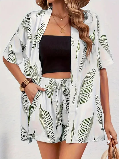 Women's floral kimono cardigan sweater with 3/4 sleeve and shorts – White