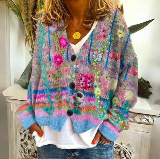 Women's floral knit button-front cardigan sweater – Blue