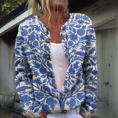 Women's floral knit button-front cardigan sweater – Blue