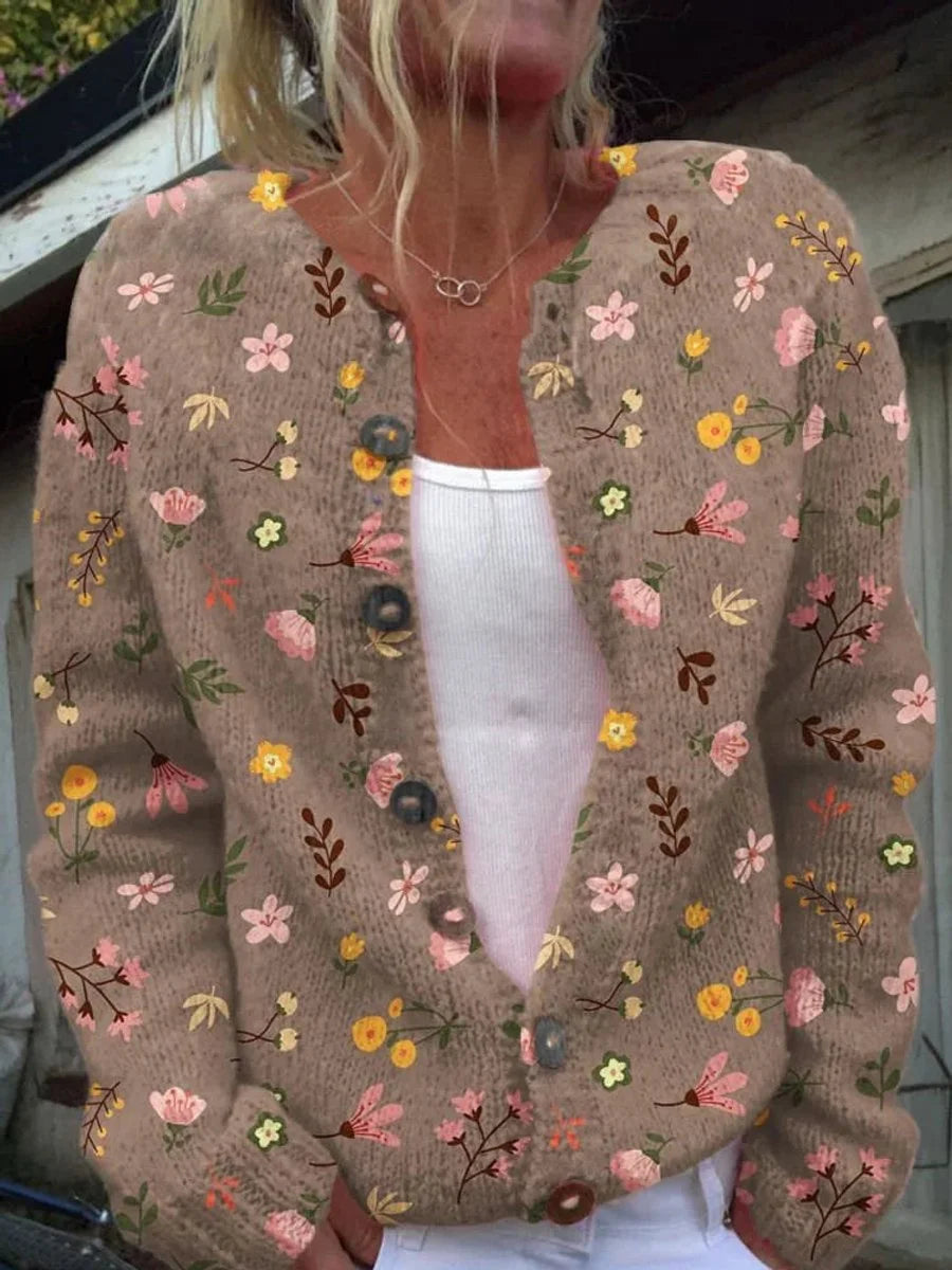 Women's floral knit button-front cardigan sweater – Brown