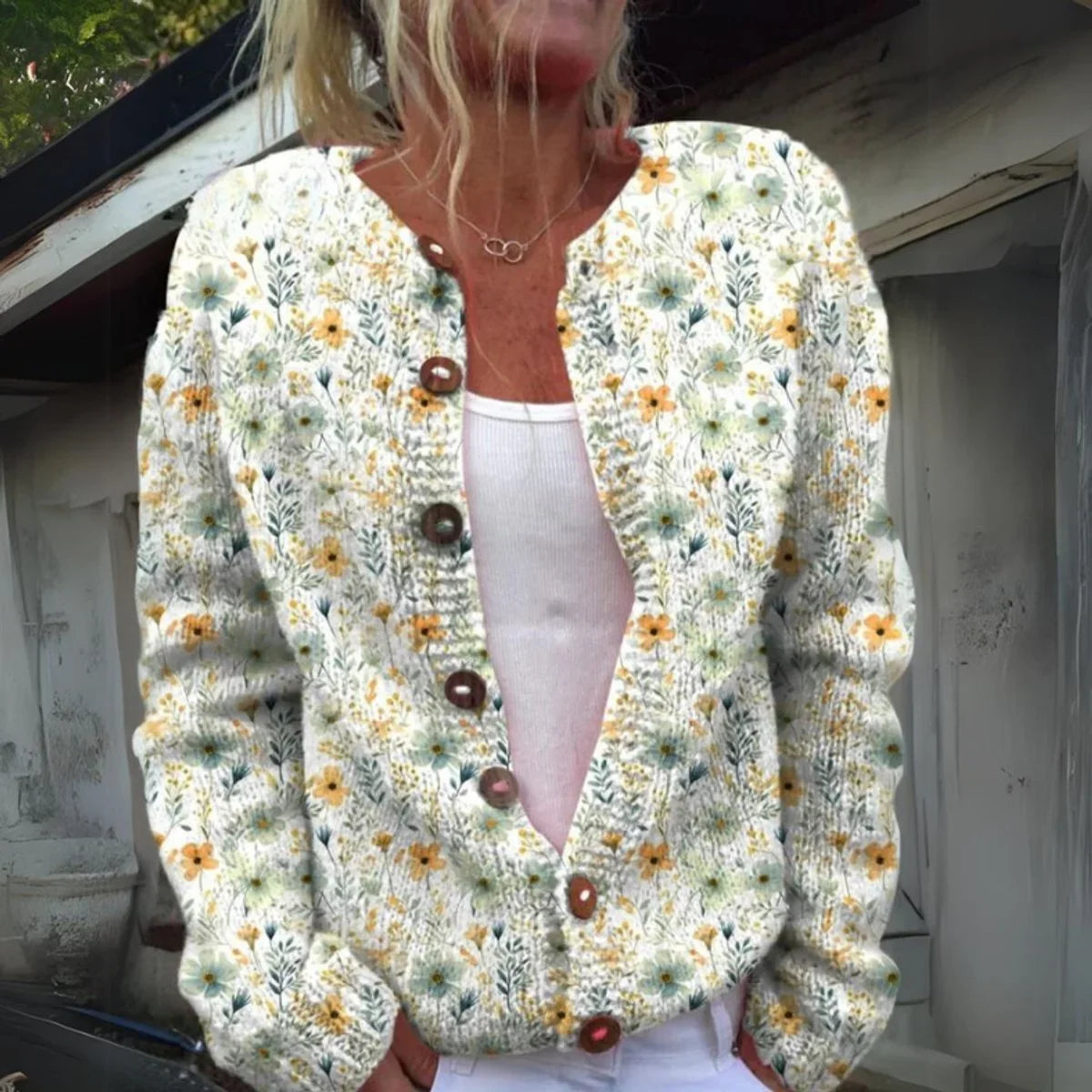 Women's floral knit button-front cardigan sweater – Green