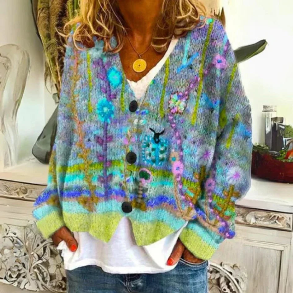 Women's floral knit button-front cardigan sweater – Green