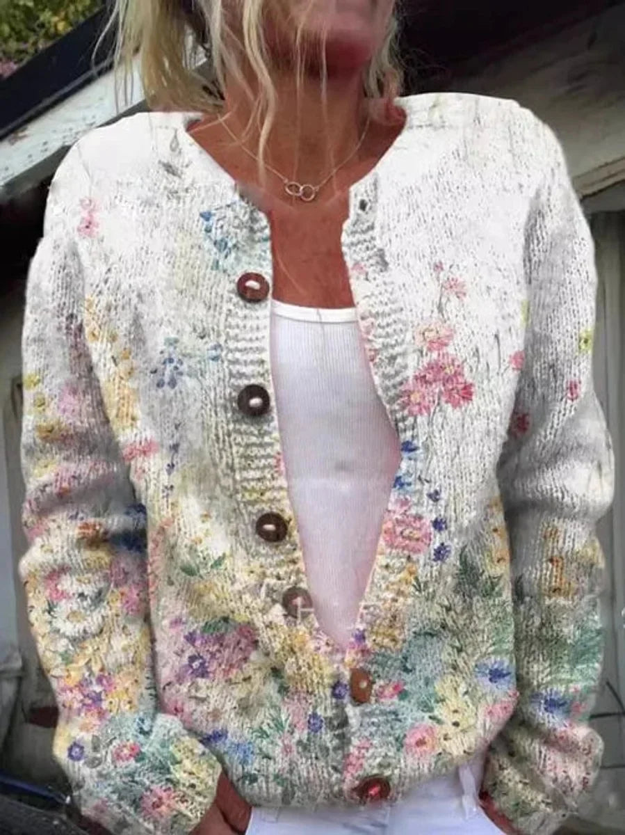 Women's floral knit button-front cardigan sweater – White