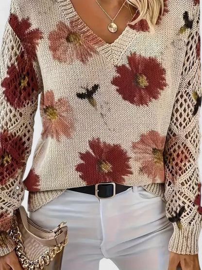Women's floral knit sweater with V-neck and long open-knit sleeves