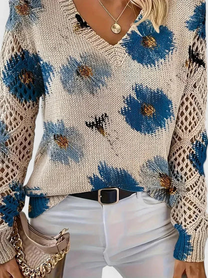 Women's floral knit sweater with V-neck and long open-knit sleeves