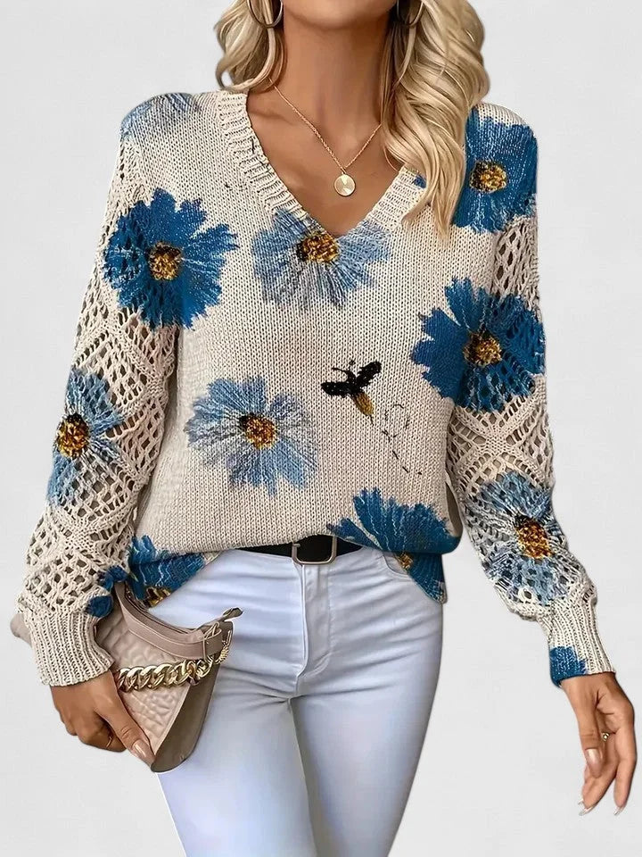 Women's floral knit sweater with V-neck and long open-knit sleeves – Blue