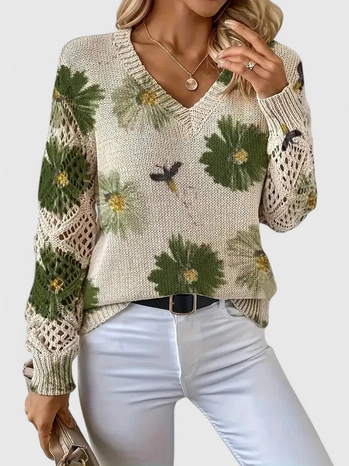 Women's floral knit sweater with V-neck and long open-knit sleeves – Green