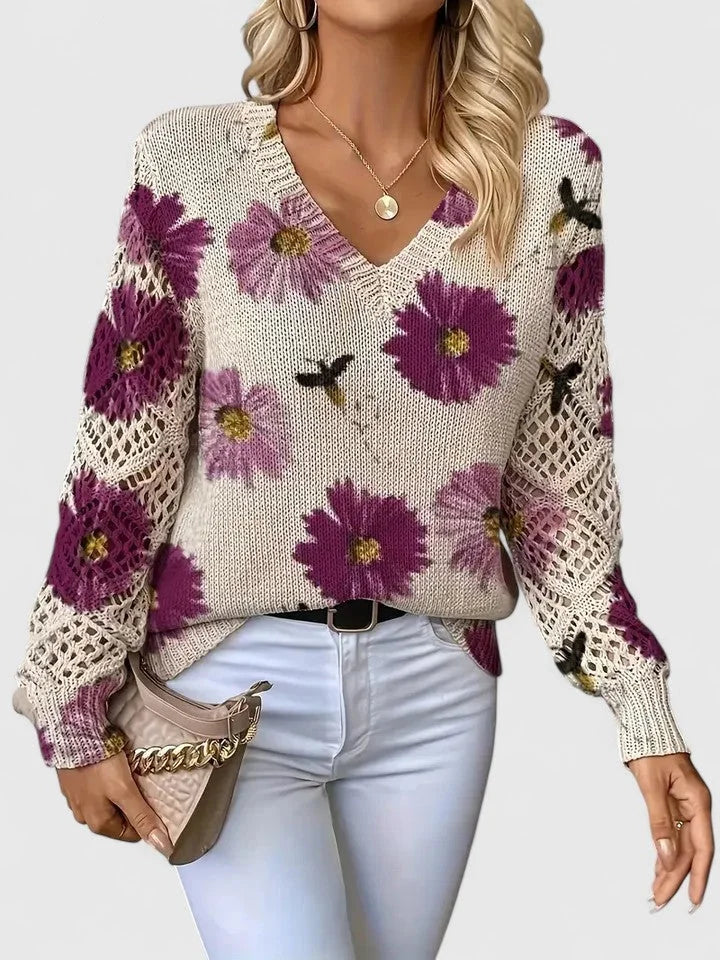 Women's floral knit sweater with V-neck and long open-knit sleeves – Purple