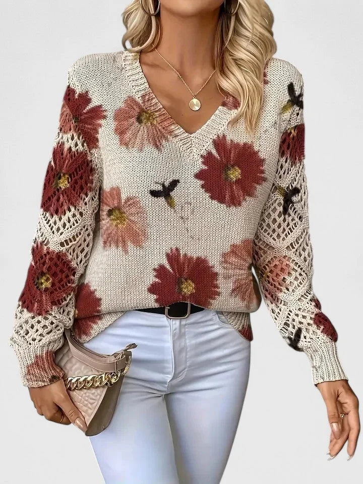 Women's floral knit sweater with V-neck and long open-knit sleeves – Red