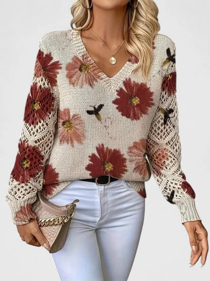 Women's floral knit sweater with V-neck and long open-knit sleeves – Red