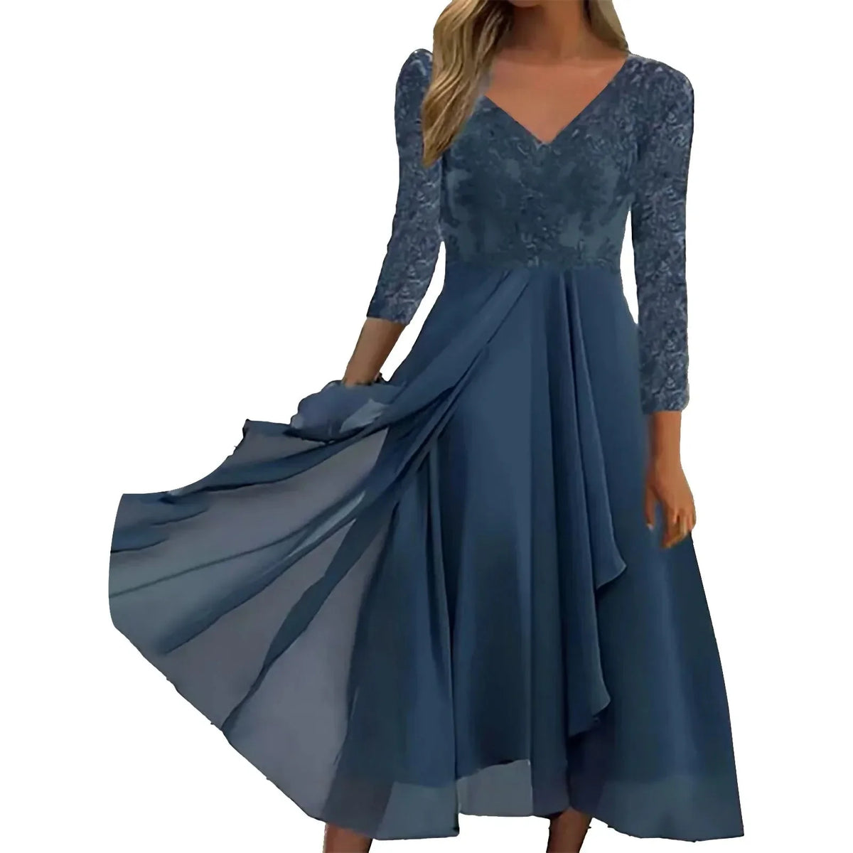 Women's floral lace maxi dress with V-neck 3/4-sleeve A-line skirt – Blue