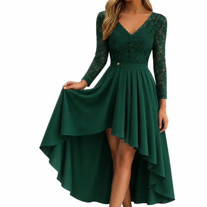 Women's floral lace maxi dress with V-neck 3/4-sleeve A-line skirt – Green