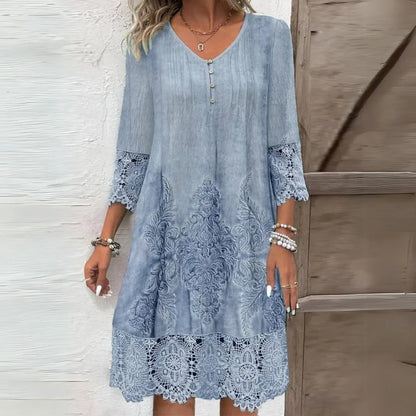 Women's floral lace midi dress with V-neck button detail and 3/4 sleeves – Blue (Almost sold out)