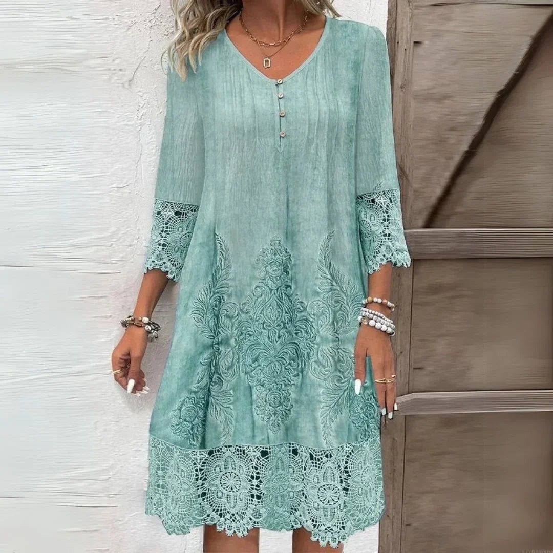 Women's floral lace midi dress with V-neck button detail and 3/4 sleeves – Green