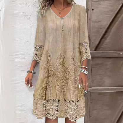 Women's floral lace midi dress with V-neck button detail and 3/4 sleeves – Khaki