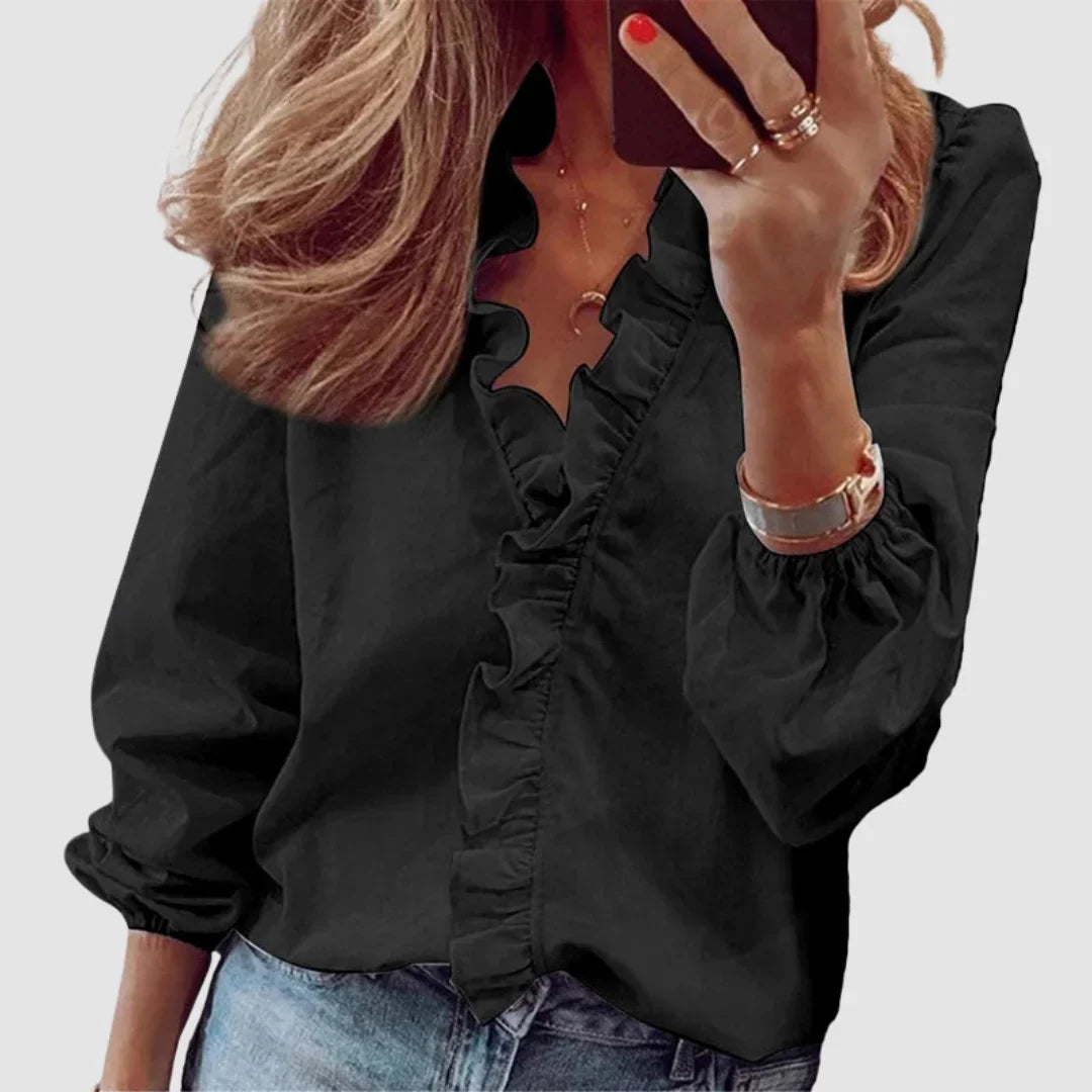 Women's floral long sleeve blouse with ruffled V-neck and gathered cuffs – Black
