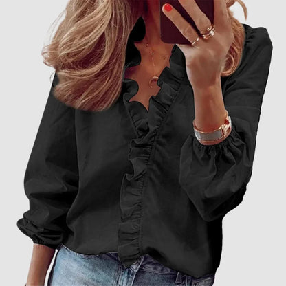 Women's floral long sleeve blouse with ruffled V-neck and gathered cuffs – Black