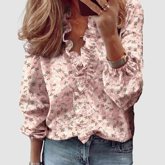 Women's floral long sleeve blouse with ruffled V-neck and gathered cuffs – Pink