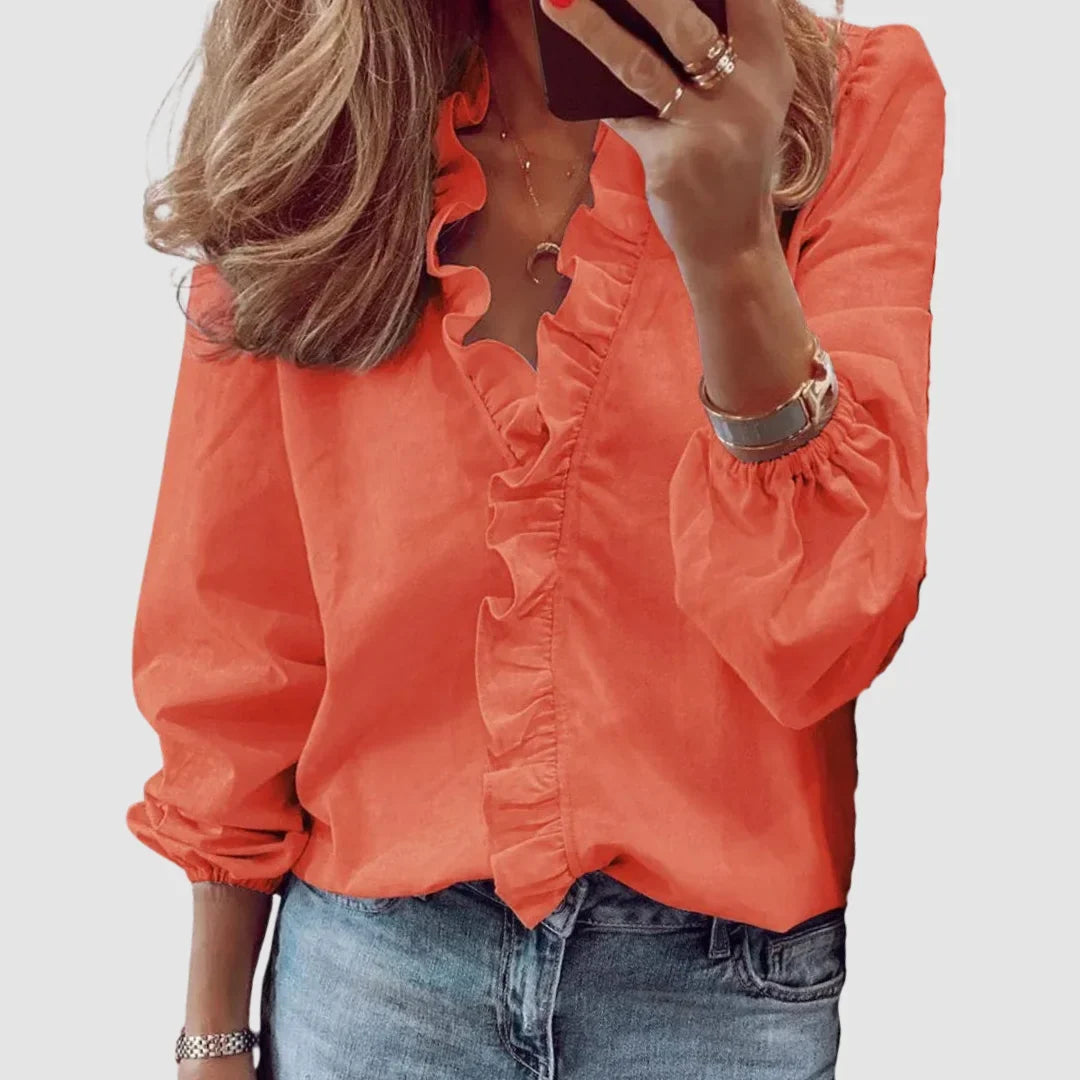 Women's floral long sleeve blouse with ruffled V-neck and gathered cuffs – Red