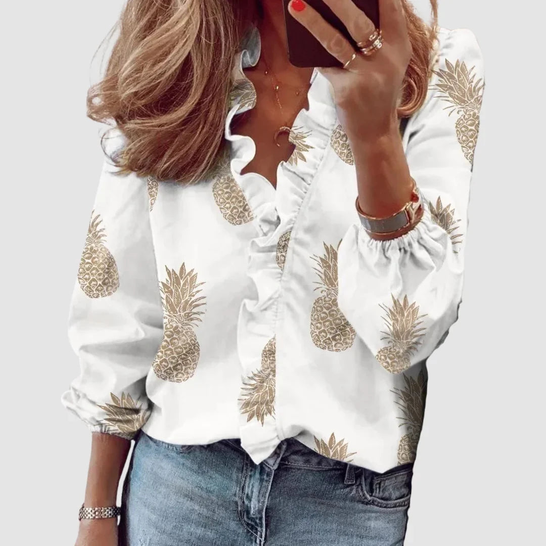 Women's floral long sleeve blouse with ruffled V-neck and gathered cuffs – Yellow