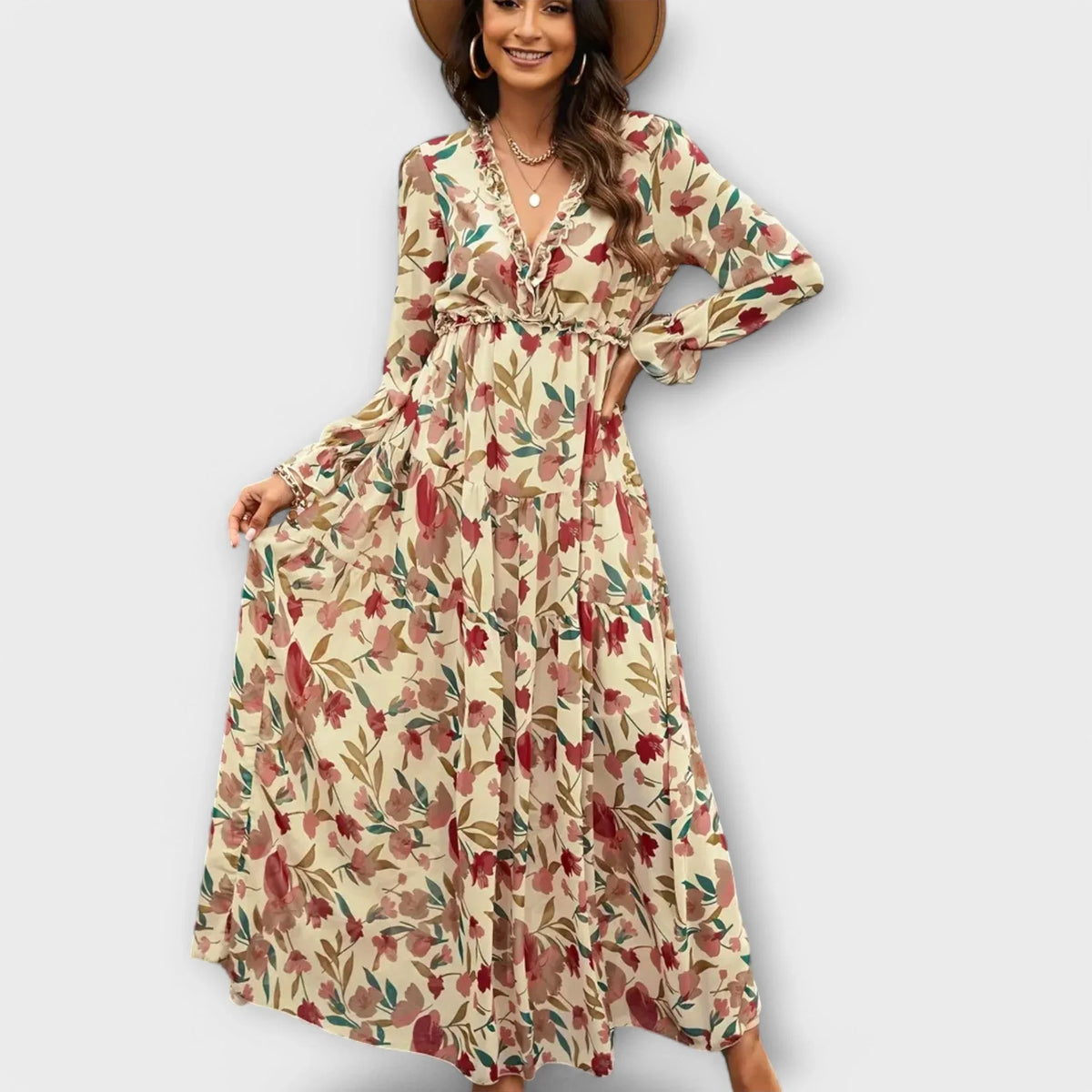 Women's floral long-sleeve maxi dress with ruffled V-neck and tiered skirt – Apricot