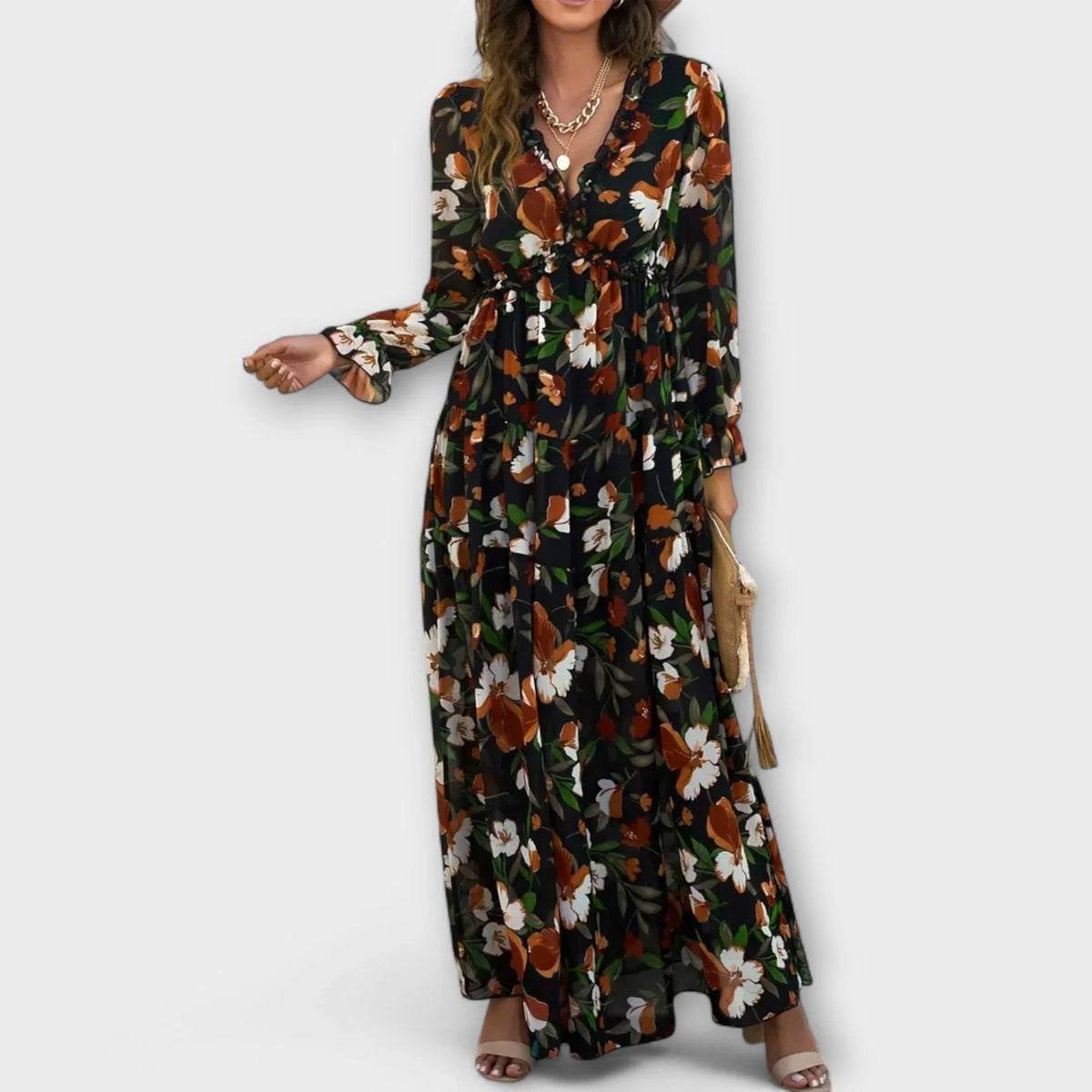 Women's floral long-sleeve maxi dress with ruffled V-neck and tiered skirt – Black