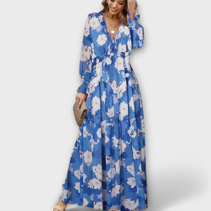 Women's floral long-sleeve maxi dress with ruffled V-neck and tiered skirt – Blue