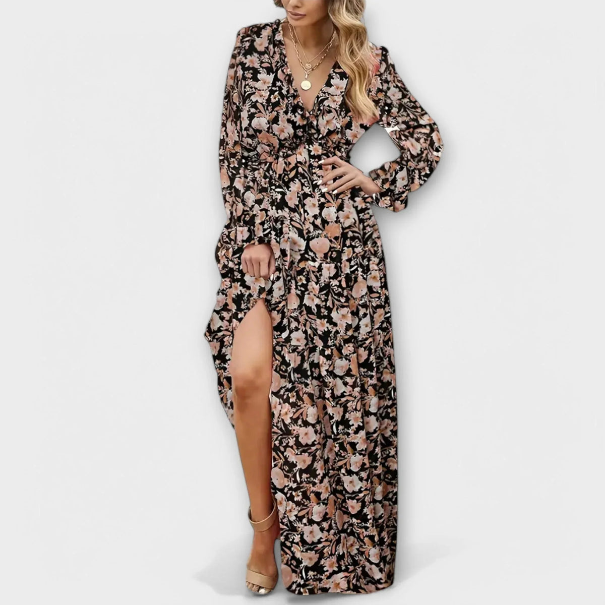 Women's floral long-sleeve maxi dress with ruffled V-neck and tiered skirt – Coffee