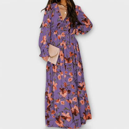 Women's floral long-sleeve maxi dress with ruffled V-neck and tiered skirt – Dark Purple
