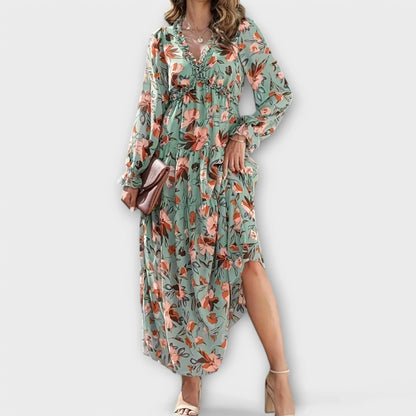 Women's floral long-sleeve maxi dress with ruffled V-neck and tiered skirt – Green