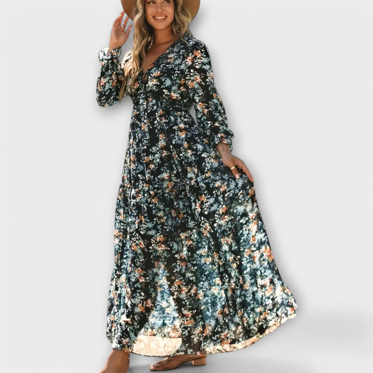 Women's floral long-sleeve maxi dress with ruffled V-neck and tiered skirt – Navy Blue