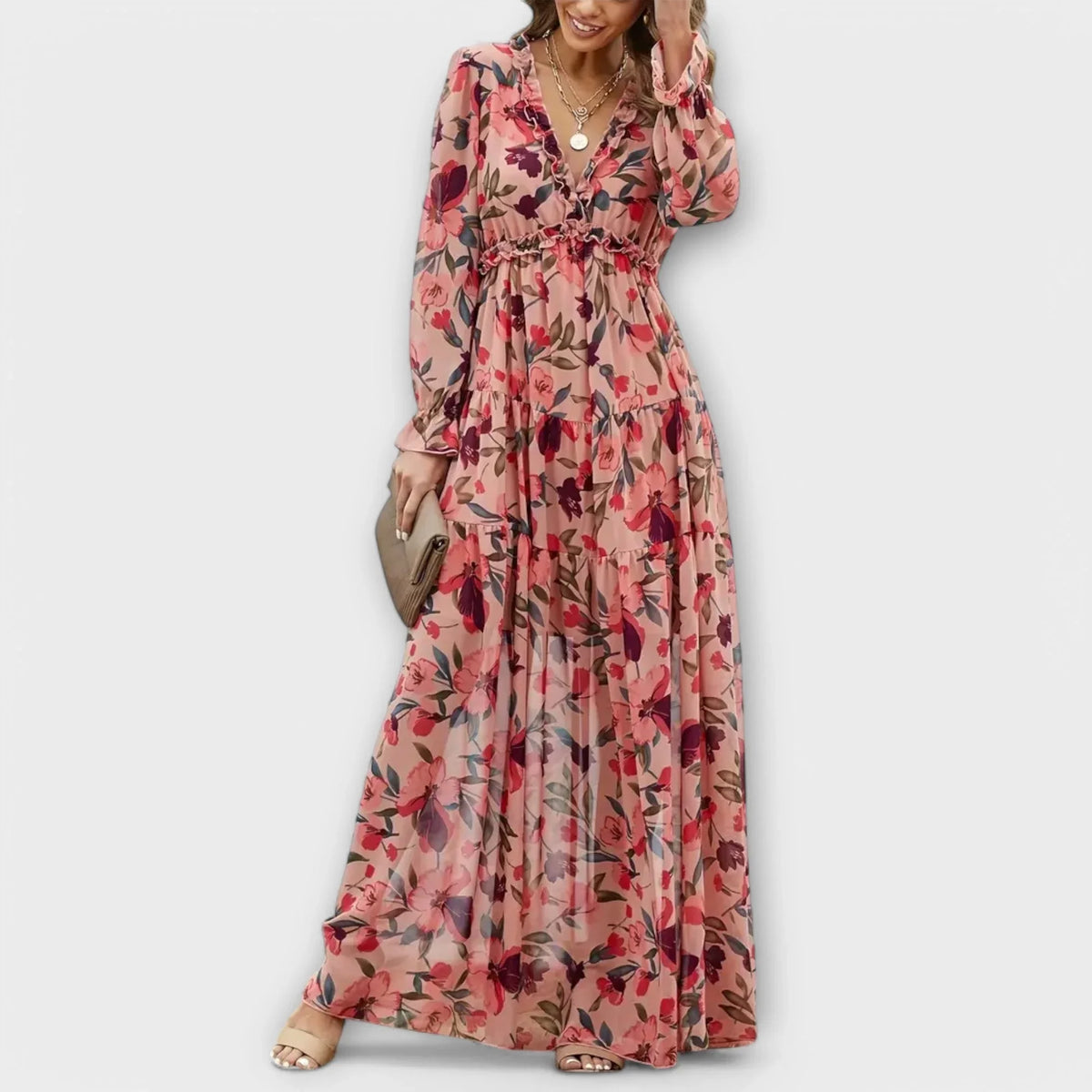 Women's floral long-sleeve maxi dress with ruffled V-neck and tiered skirt – Pink