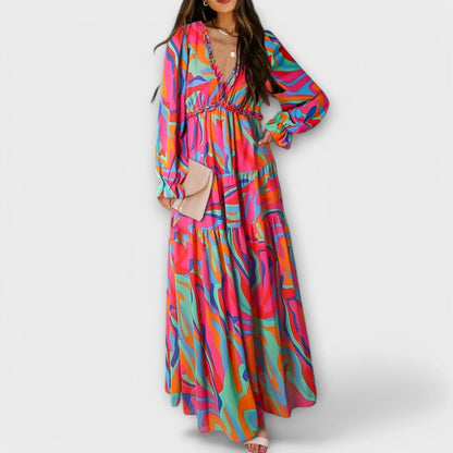 Women's floral long-sleeve maxi dress with ruffled V-neck and tiered skirt – Rose Pink
