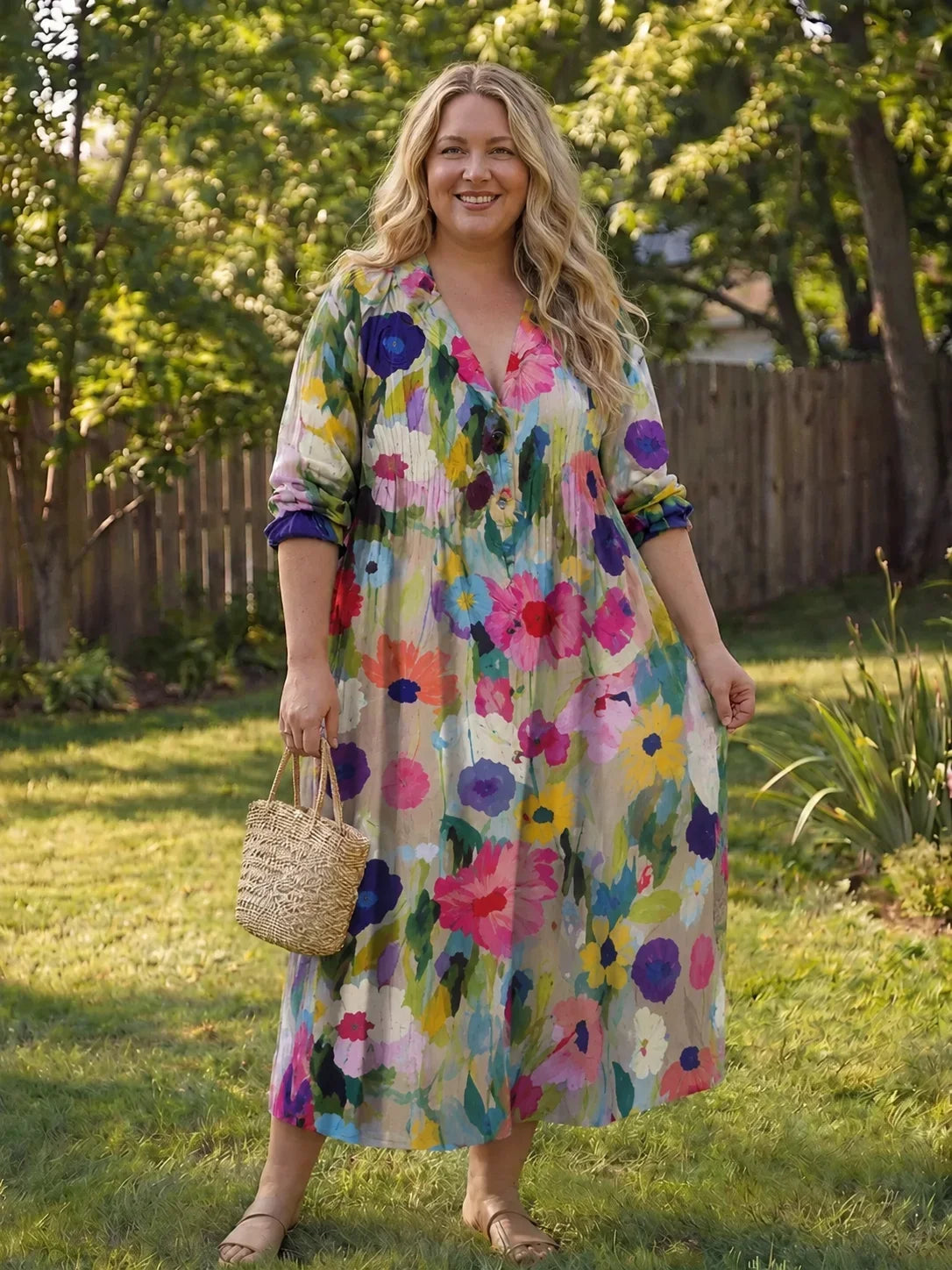 Women's floral long-sleeve maxi dress with V-neck button-front